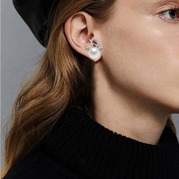 REINDEER‎ ANTLERS Christmas Pearl & Rhinestone Silver Tone Holiday Earrings NEW - Picture 6 of 8